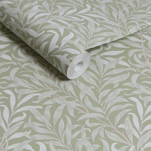 William Morris Vliestapete Willow Bough, hellgrün mit Blätter-Motiv.
