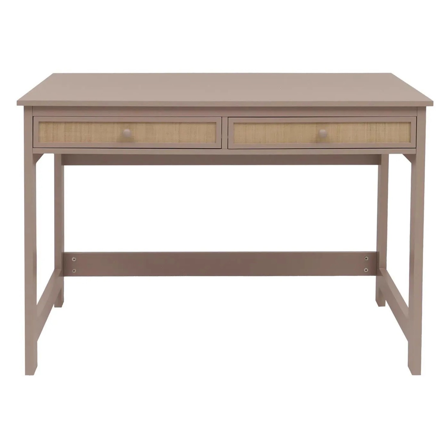 Helltaupe Schreibtisch mit zwei Schubladen und Bastfronten. Moderner Bürotisch für Homeoffice.