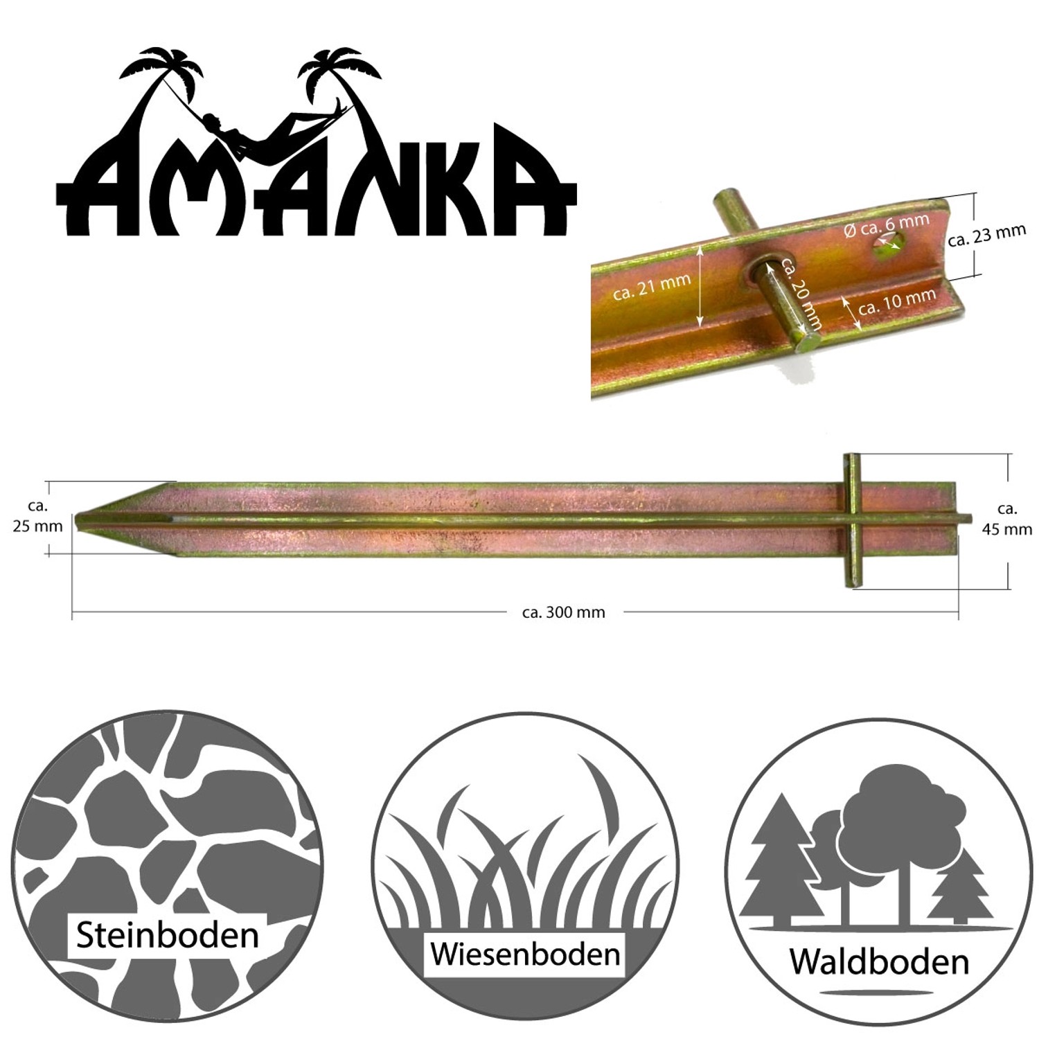 AMANKA XL Erdnägel, 4er Set, 300mm, Stahl, T-Profil, rot. Für Camping & Zelt.