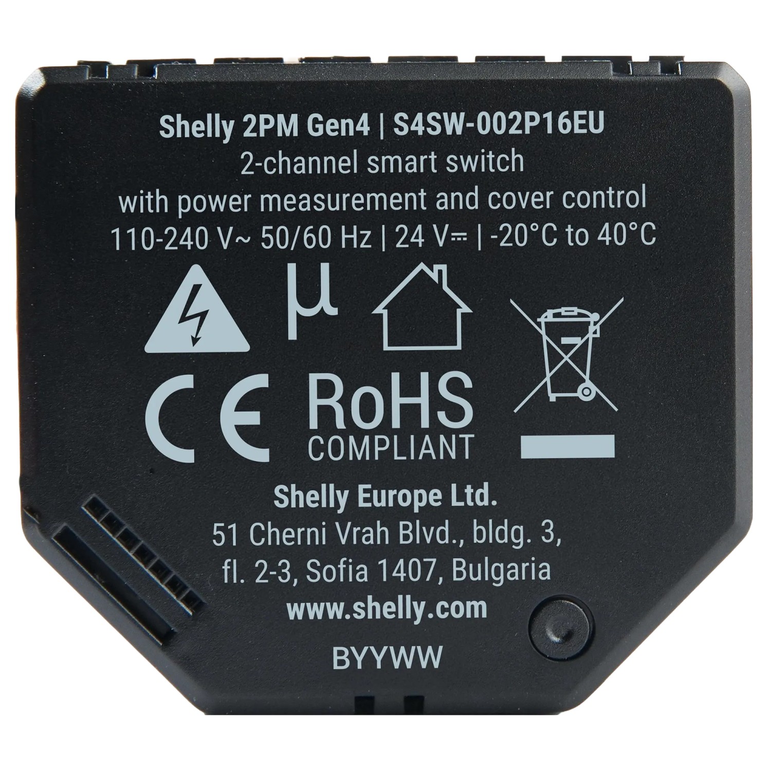 Schwarzes Shelly 2PM Gen4 Relais für Jalousien, Rollläden und Vorhänge im Bereich Hausautomation.
