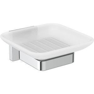 Ideal Standard IOM Cube Seifenschale aus satiniertem Glas mit Chrom-Halterung.
