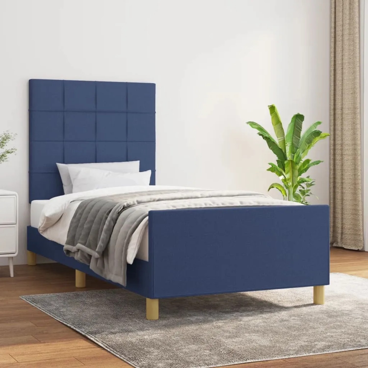 Blaues Stoff-Bettgestell mit Kopfteil, 90x190 cm, vidaXL. Bett mit Lattenrost und Holzfüßen.