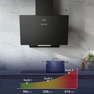 Schwarze CIARRA Kopffreihaube 60 cm in moderner Küche, zeigt 3 Leistungsstufen bis 650 m³/h. Dunstabzugshaube.
