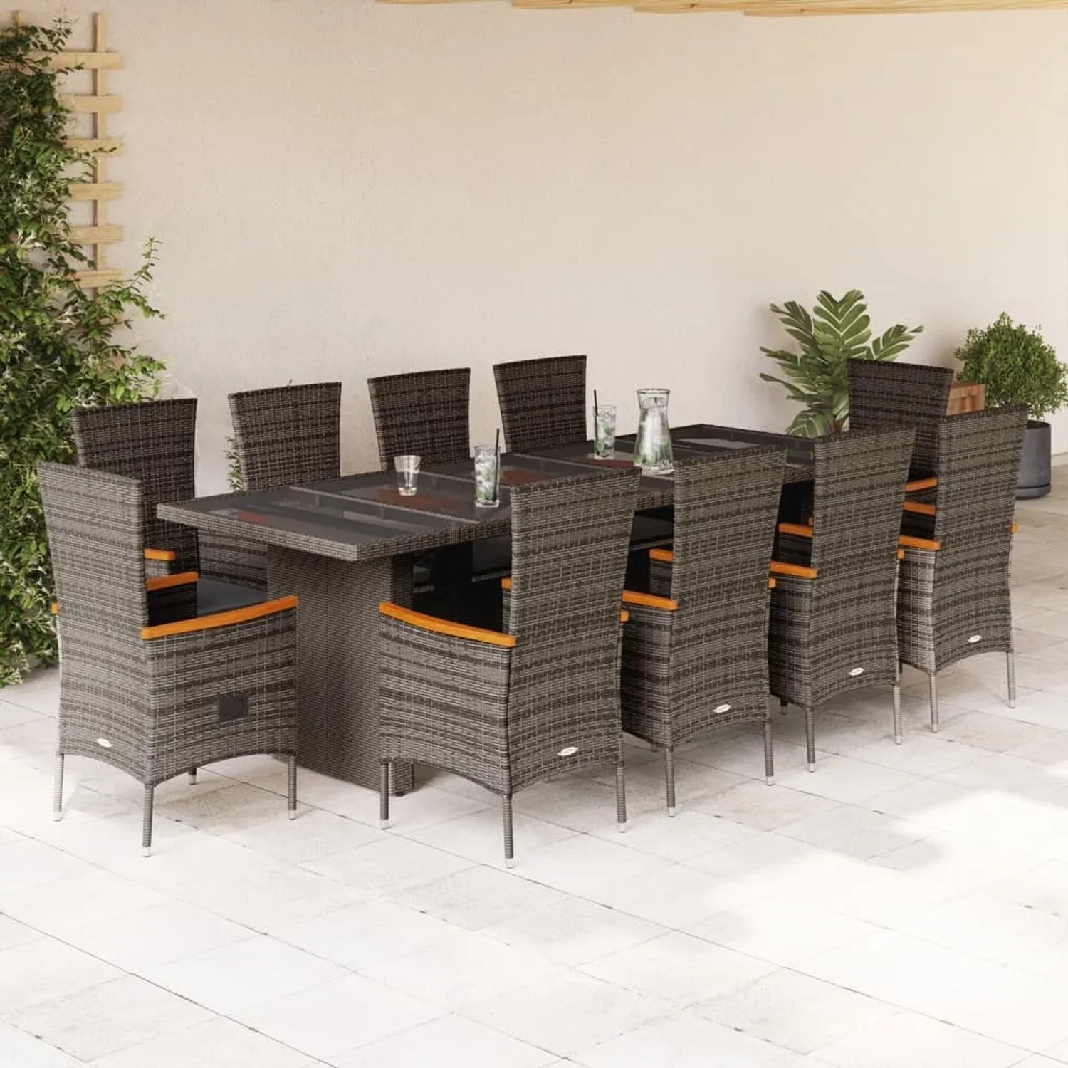 Graue 11-tlg. vidaXL Garten-Essgruppe aus Rattan mit Tisch, 10 Stühlen und Kissen.