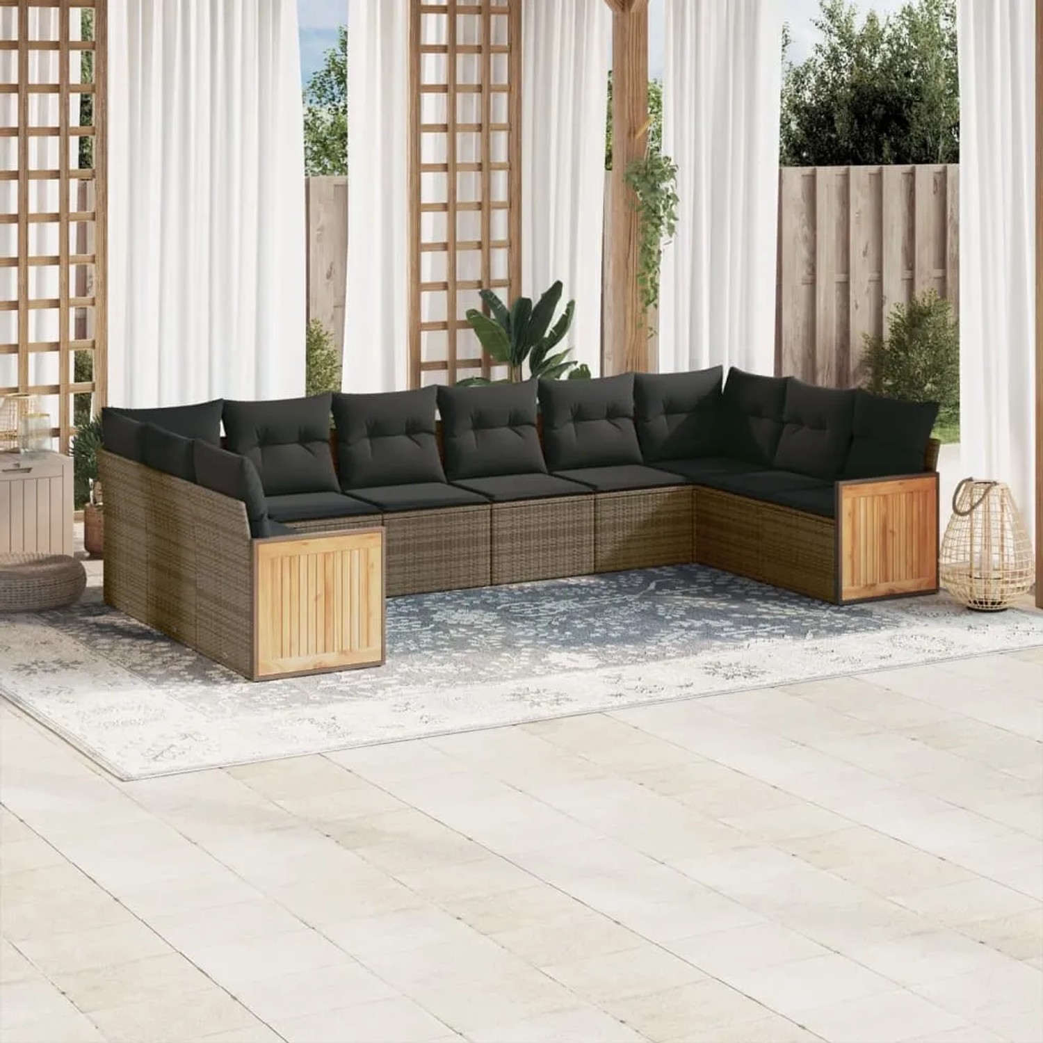 Graue 10-tlg. vidaXL Garten-Sofagarnitur aus Polyrattan mit Kissen auf Terrasse.