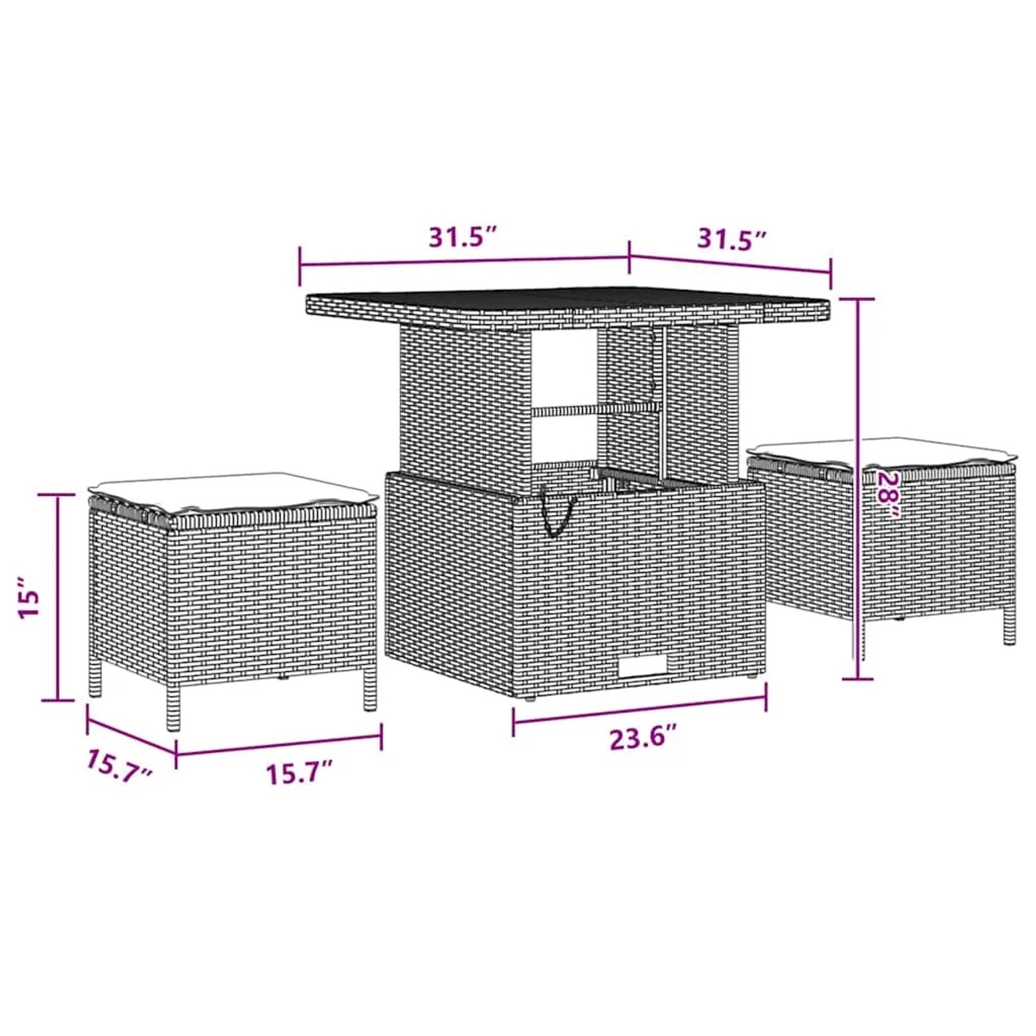 vidaXL Gartenmöbel-Set, 13-teilig, schwarz, Poly Rattan, mit Tisch und Hockern, Maße eingezeichnet.