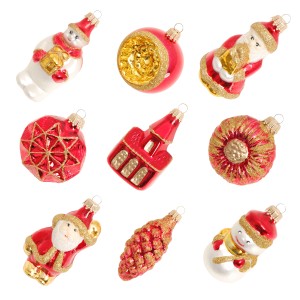 9-tlg. Set: Rote Krebs Glas Lauscha Weihnachtskugeln und Figuren, teils mit Goldglitter verziert.