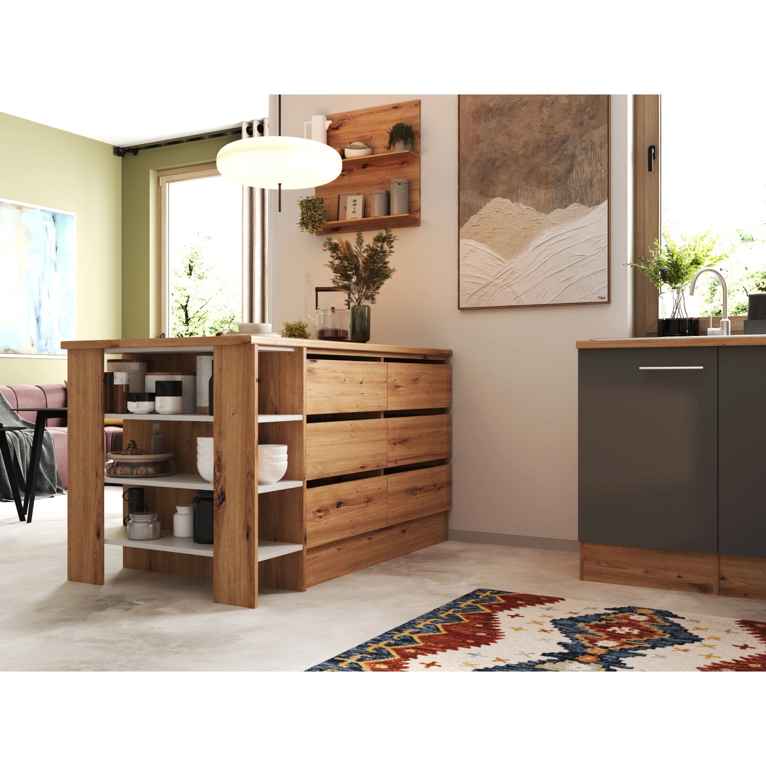 Respekta Winkelküche Hilde in Grau mit Kücheninsel und Elektrogeräten.