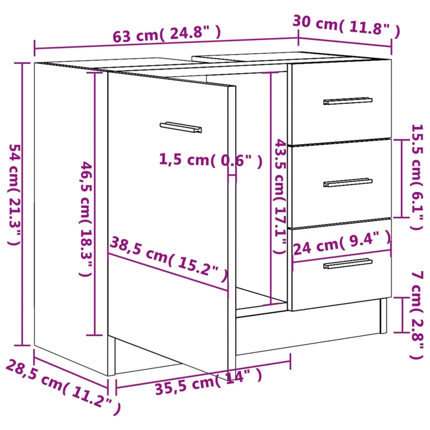 vidaXL Waschbeckenunterschrank, weiß, 63x30x54 cm, Holzwerkstoff, mit Tür und 3 Schubladen, Maße eingezeichnet.