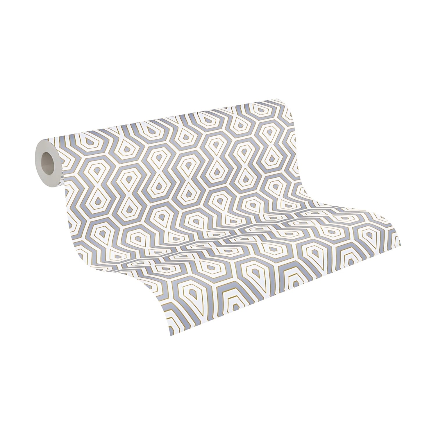 Retro Vliestapete in Grau, Gold und Weiß mit grafischem Muster. Dekorative Tapete für stilvolle Wände.