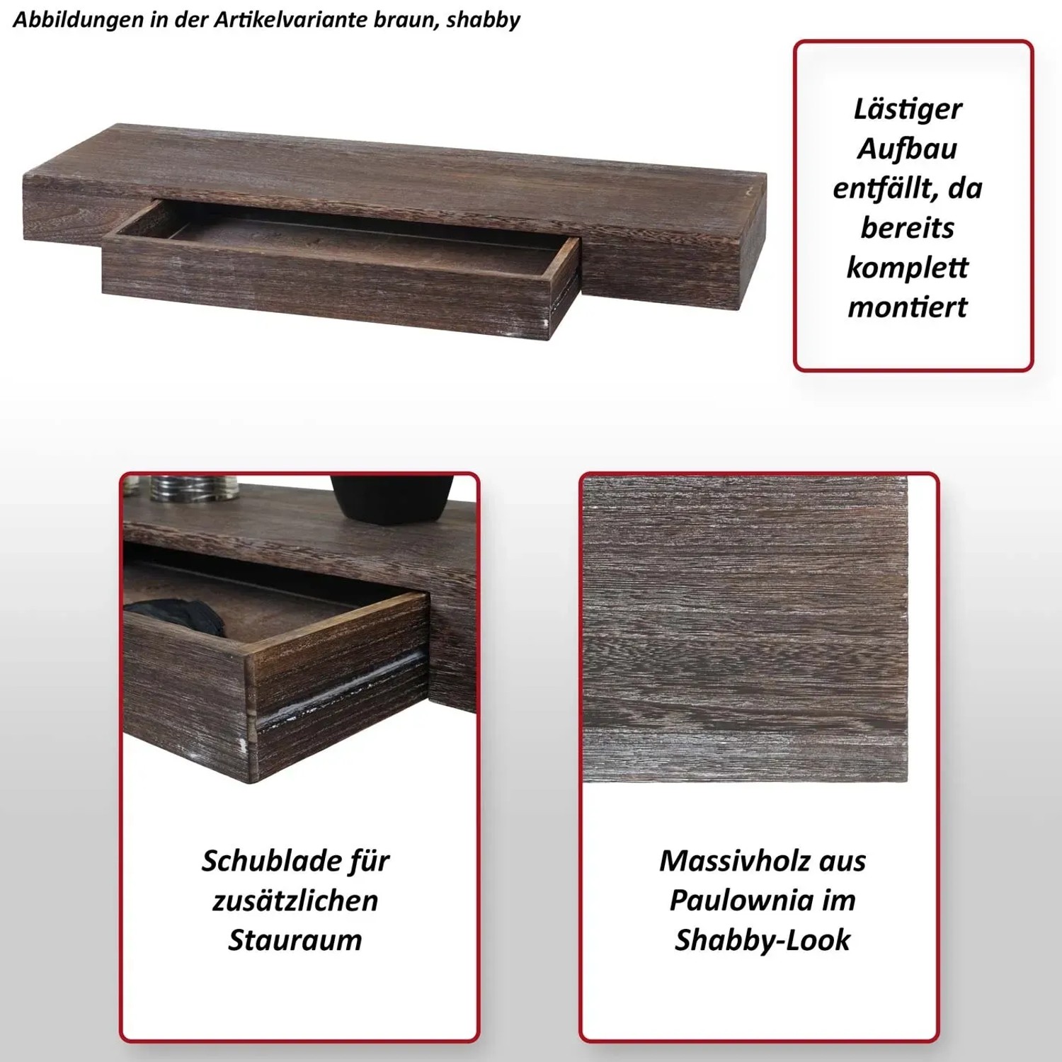Schwarzes BERLINLODGE Wandregal aus Massivholz mit Schublade, 80x25cm.