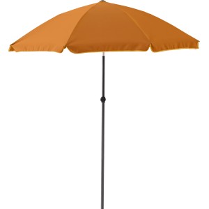 Goldfarbener Balkonschirm, Ø 200 cm, mit Neigungsfunktion für optimalen Sonnenschutz auf dem Balkon.