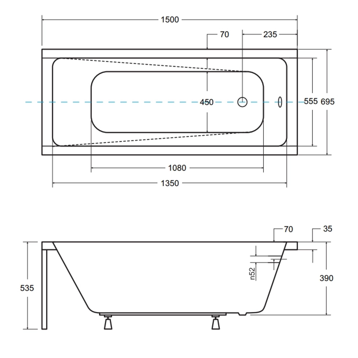 Bad Land Badewanne Rechteck MODERN 150x70 Ablauf Füße_5