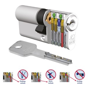 Basi Profilzylinder K55/35 mit Knauf und Schlüssel, gleichschließend, mit Aufbohr- und Pickingschutz.