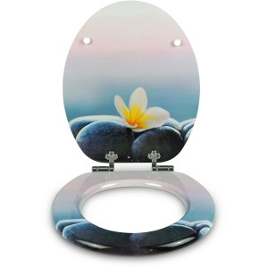 Sanfino WC-Sitz Flower & Stone: Toilettendeckel mit Absenkautomatik, Holz, Stein-Blumen-Motiv.