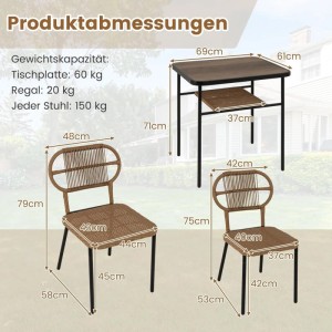 Costway 3-TLG. Gartenmöbel Set Balkonmöbel mit 2 Rattanstühle & Esstisch