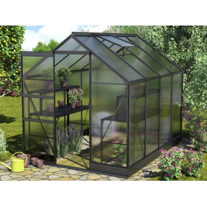 Vitavia Gewächshaus Apollo 5000, schwarzer Rahmen, 5 m² mit Fundament und geöffneter Tür.