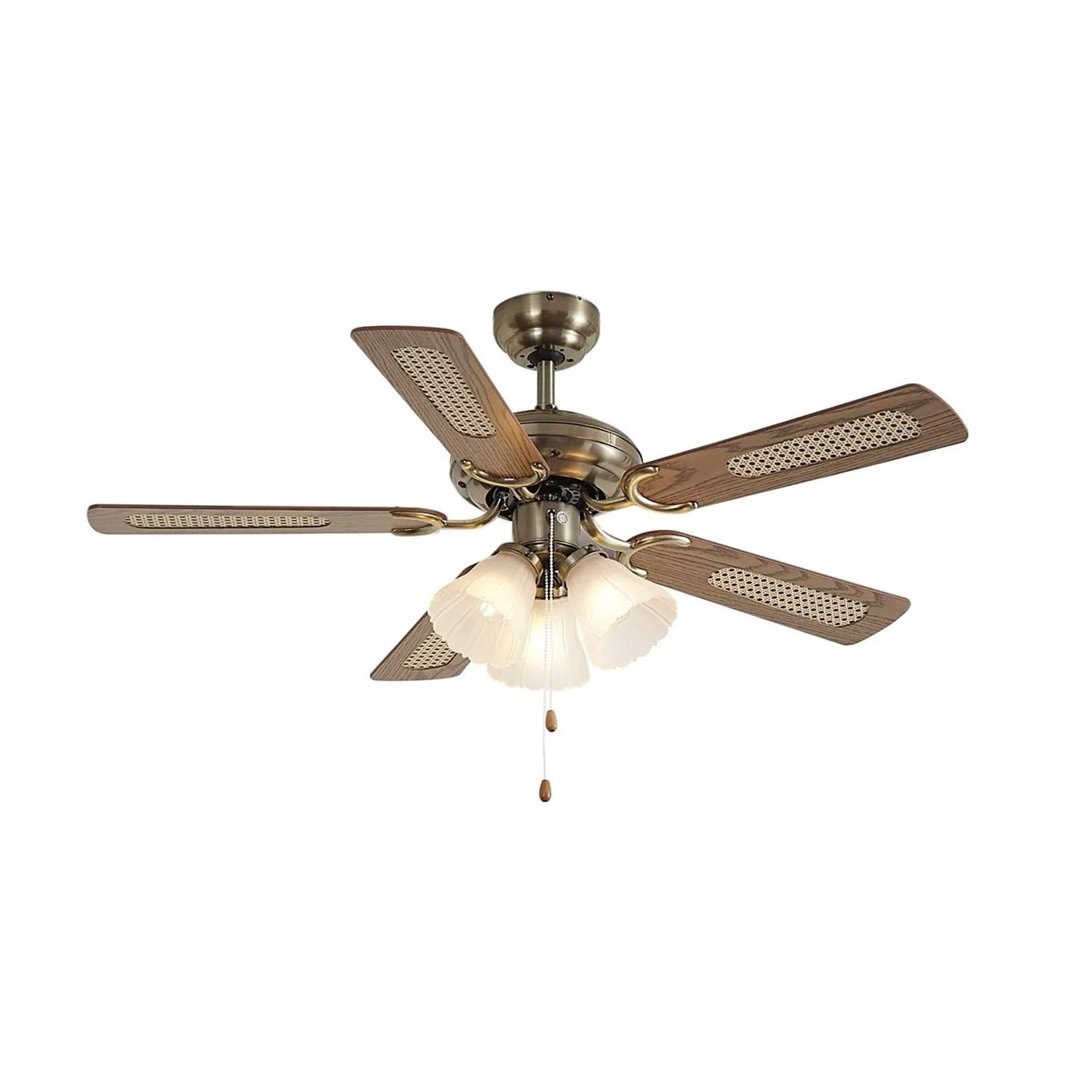 QAZQA DeckenventilaTor aus Messing mit Holzprint und Rattan 105cm mit Zugschalter Mistral Lia