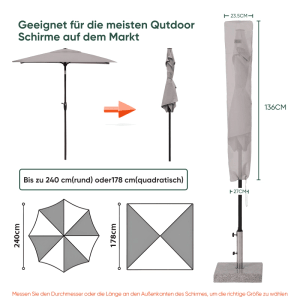 Sekey Schutzhülle für Sonnenschirm (200 cm), hellgraues Oxford-Gewebe, mit Maßangaben.