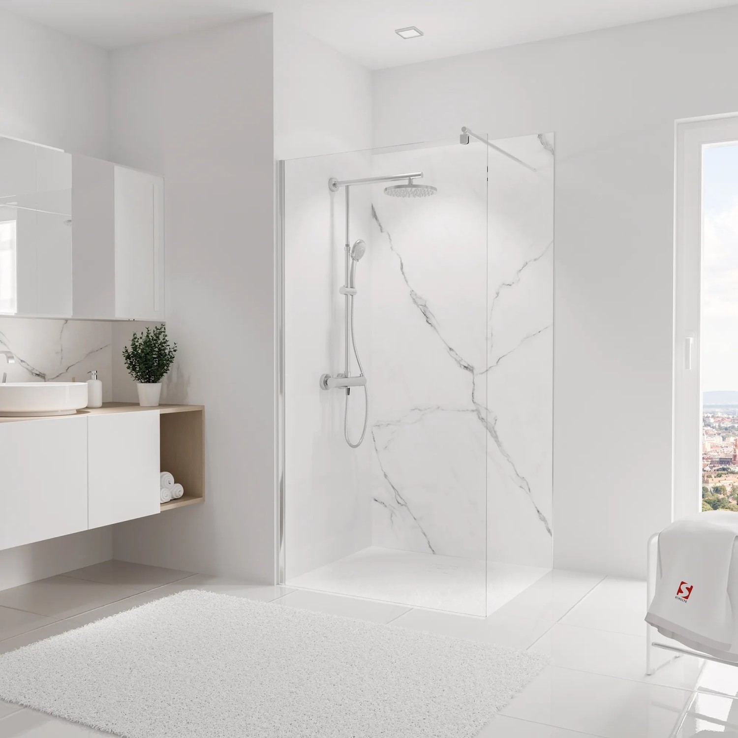 Schulte Duschrückwand DecoDesign Softtouch Marmor-Bianco, 255x125 cm im Badezimmer.