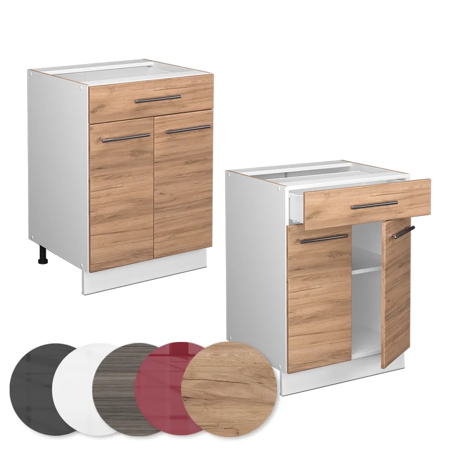 Vicco Küchenunterschrank Fame-Line, 60 cm, Eiche/Weiß mit Schublade und Marmor Arbeitsplatte.