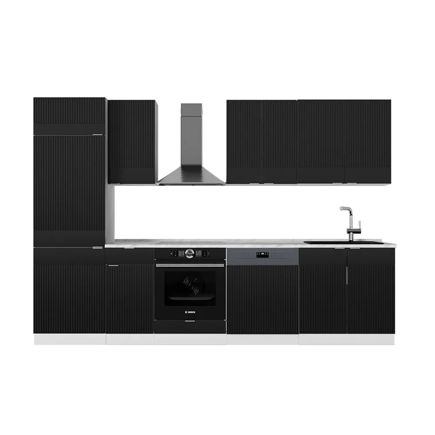 Vicco Fame-Line Küchenzeile Schwarz gestreift/Weiß 300 cm AP Marmor ohne E-Geräte