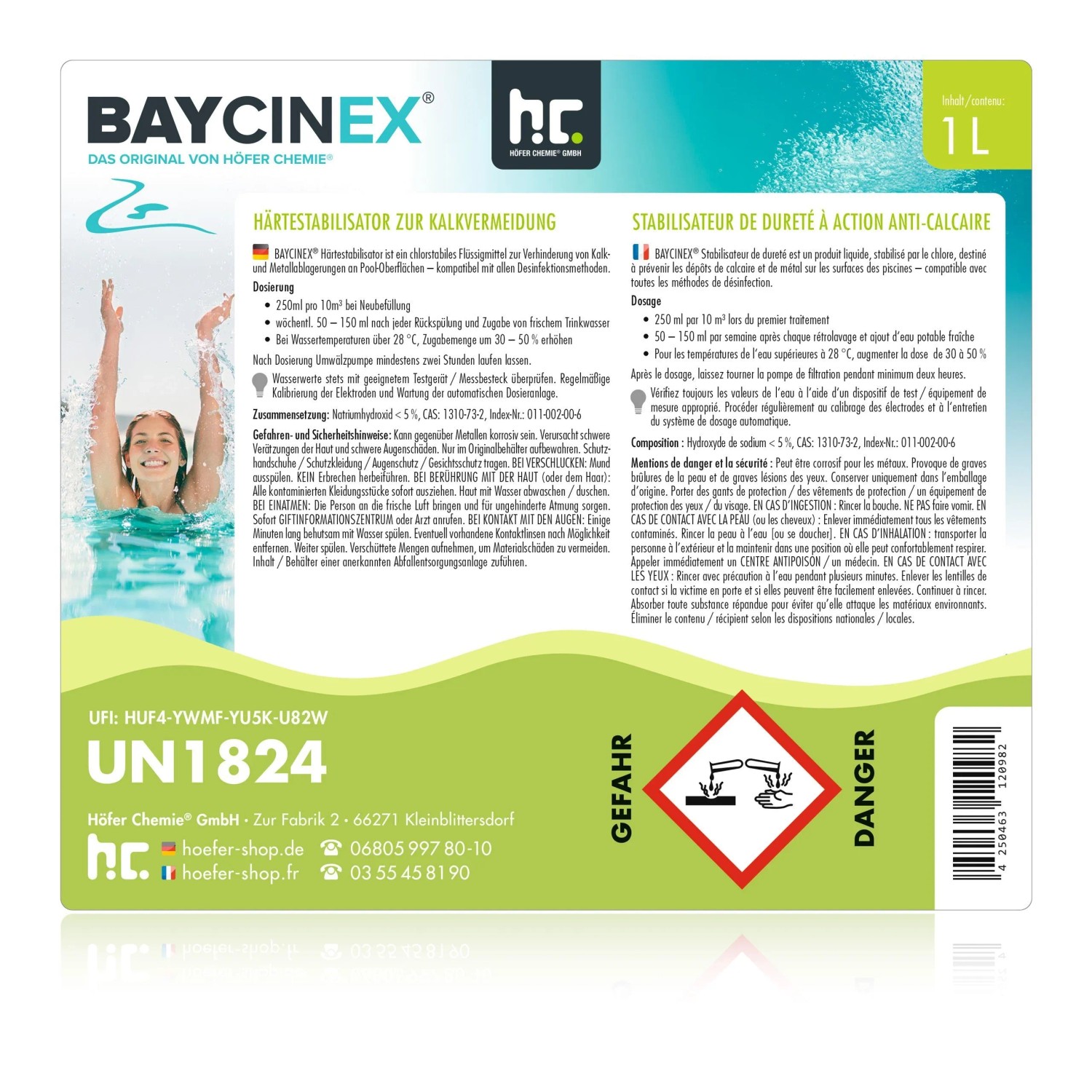 Baycinex Härtestabilisator 1l: Flüssigkeit zur Kalkvermeidung im Pool.