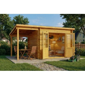 Alpholz Holz-Gartenhaus Maria mit Pultdach, Schleppdach und Doppeltür. Imprägniertes Pinienholz, gemütlicher Freisitz im Garten.
