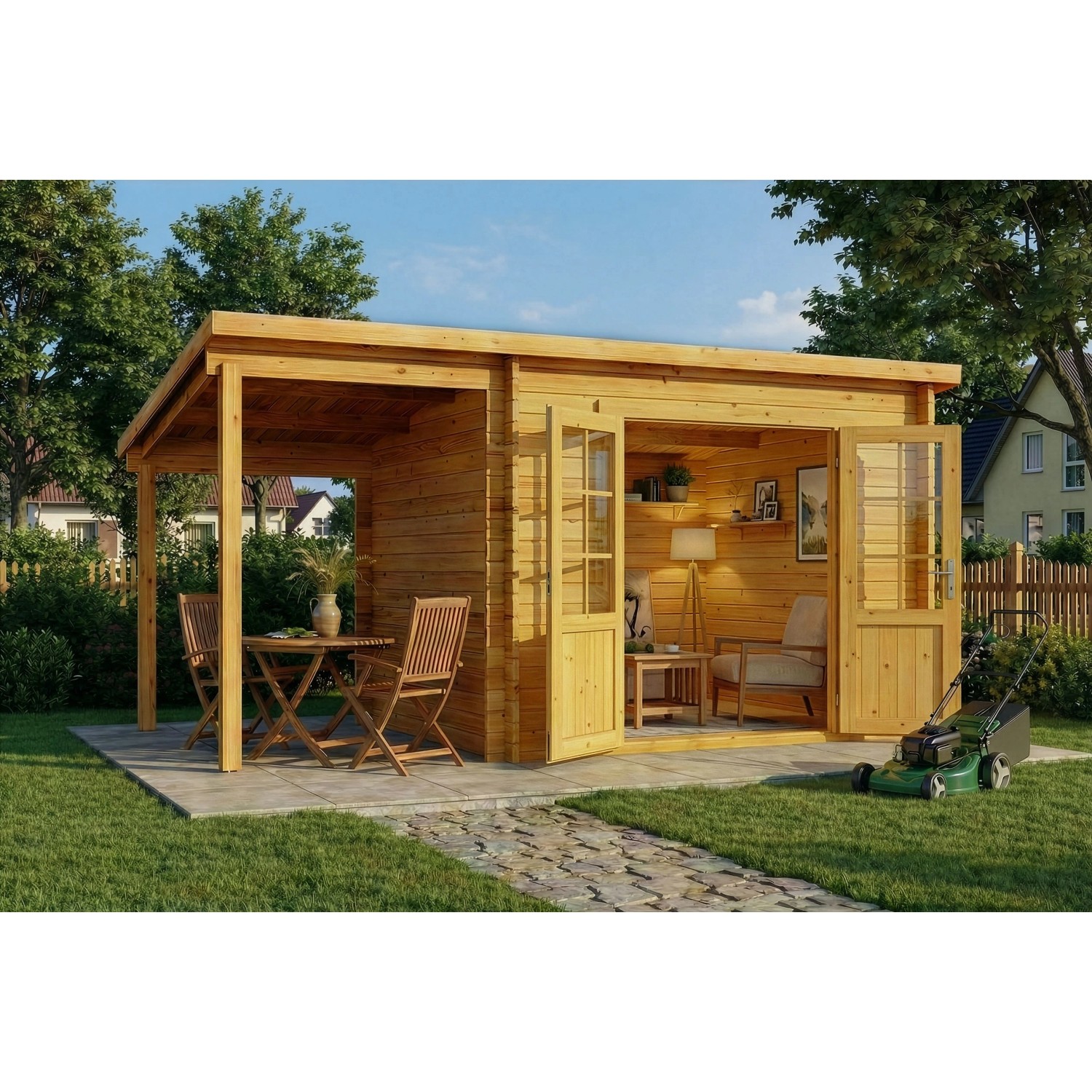 Alpholz Holz-Gartenhaus Maria 450x269cm mit Schleppdach Imprägniert Pinie 34mm Wandstärke