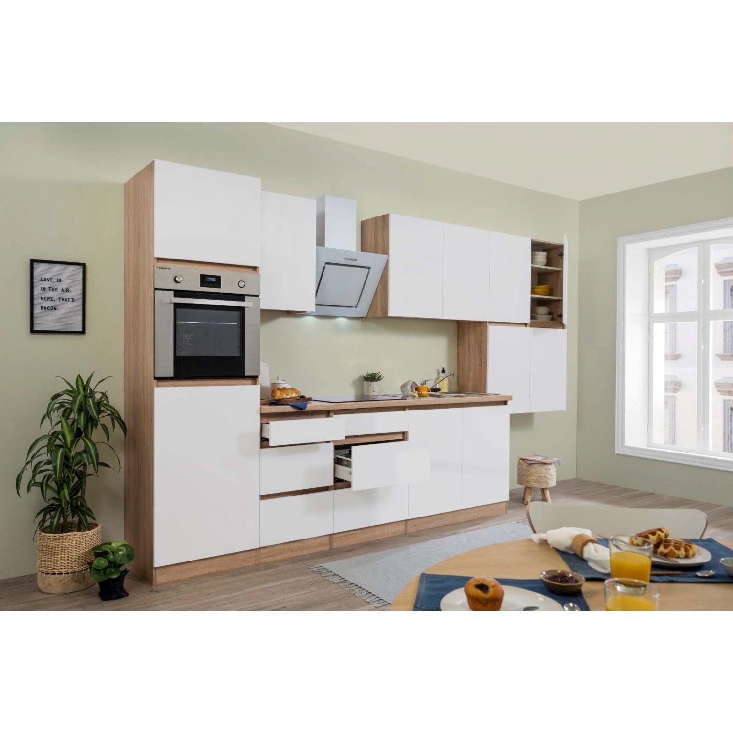 Respekta Küchenzeile/Küchenblock ohne E-Geräte 370 cm Grifflos Weiß Matt-Eiche Sägerau