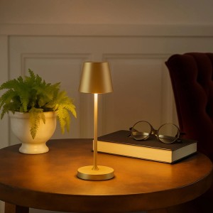 Brilliant LED Tischleuchte Elora in Gold matt auf Holztisch, warmes Licht, kabellos, dimmbar. Für Wohnzimmer.