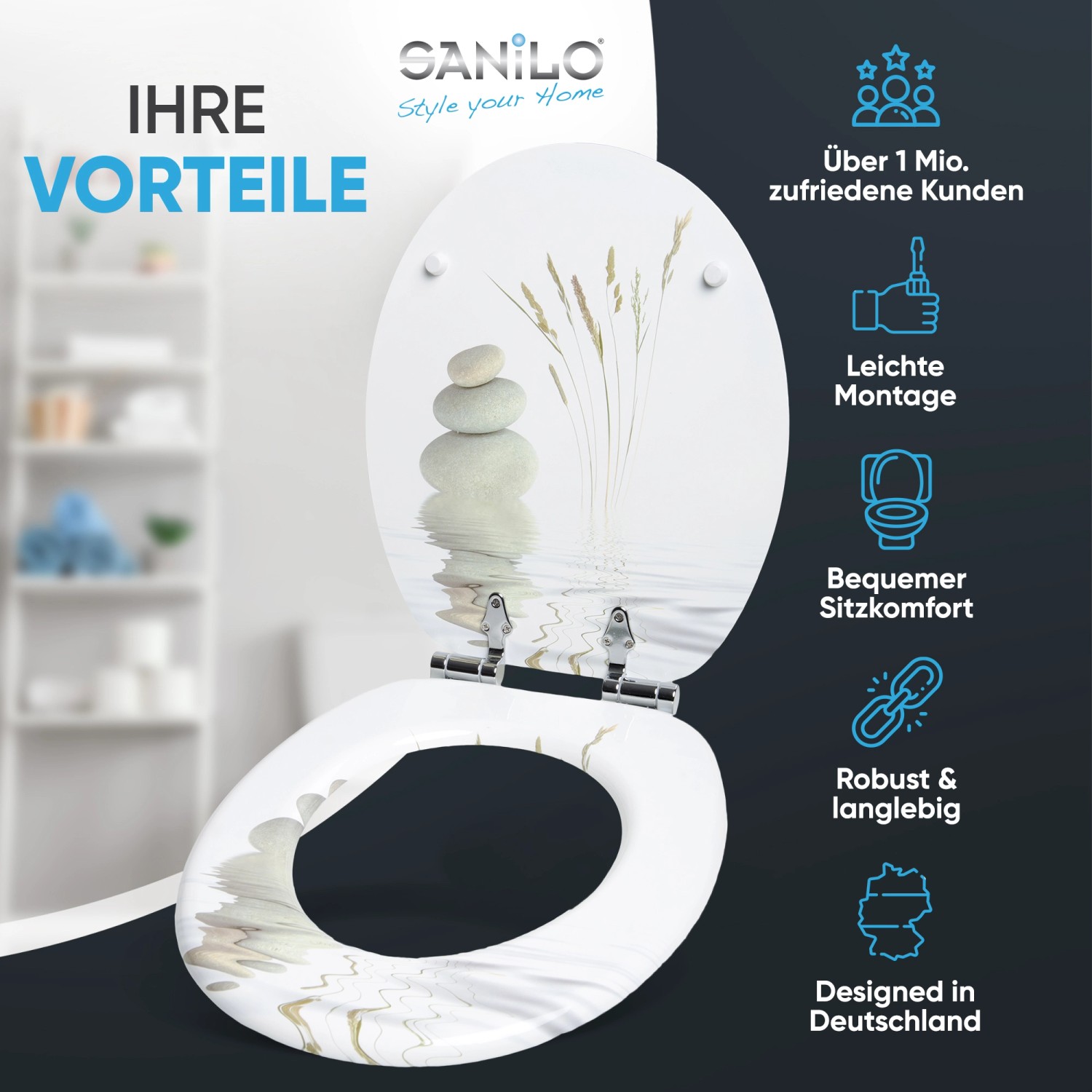 Sanilo WC-Sitz Balance mit Absenkautomatik, Holz, Stein-Design.