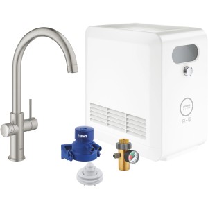Grohe Blue Professional Set: Spültischarmatur in Supersteel, Kühler, Filter und CO2-Druckminderer.
