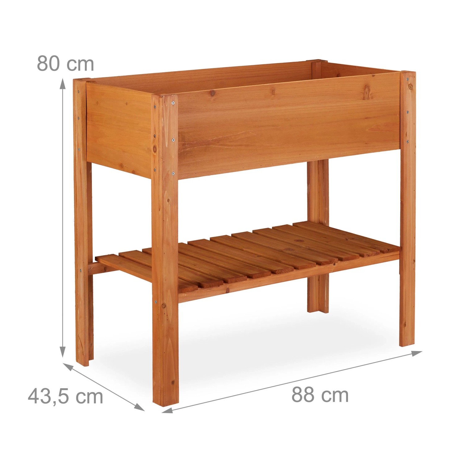 Rotbraunes Tannenholz Hochbeet mit Ablagefach. Maße 80x88x43,5 cm. Ideal für Balkon, Terrasse, Garten. Pflanzkübel für Gemüse, Kräuter, Blumen.