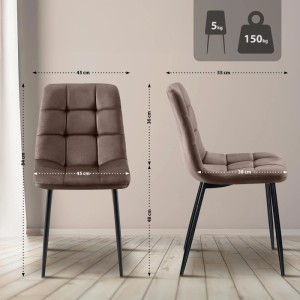 4er Set Esszimmerstühle Tilde braun Samt, gesteppt, mit schwarzen Metallbeinen. Maße: 84x45x55 cm, 150 kg Belastung.