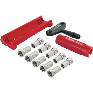 Schwaiger Montage-Set für F-Stecker, 13-teilig mit Abisolierer und Aufdrehhilfe.