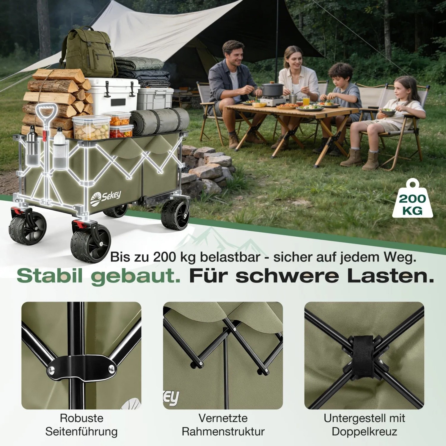 Sekey XXL Bollerwagen, olivgrün, mit All-Terrain-Rädern, beladen beim Camping mit Familie.