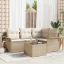 Beiges 5-teiliges Garten-Sofa-Set aus Poly Rattan mit Tisch und Kissen.