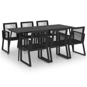 Schwarze 7-tlg. Garten-Essgruppe aus PVC-Rattan mit Tisch und 6 Stühlen für den Garten.