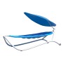 Blaue Leco Luxus-Hängematte Gloria mit Sonnendach und weißem Gestell. Ideal für Garten und Terrasse.