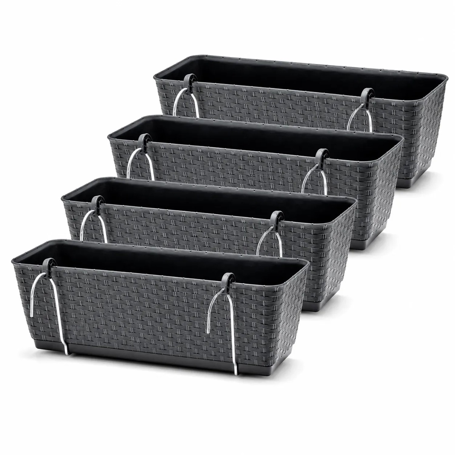 BigDean 4er Set Blumenkästen für Balkon Geländer Rattan Optik Anthrazit Balkonkästen mit Metall Halterungen und Bewässerungssystem
