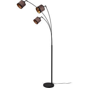 Schwarze Reality Stehleuchte Davos mit 3 Lampenschirmen in Taupe-Schwarz und goldfarbener Innenseite.
