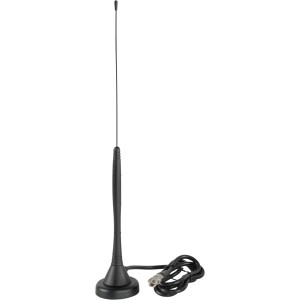 Schwarze DVB-T Stabantenne für den Innenbereich mit Kabel und Standfuß.