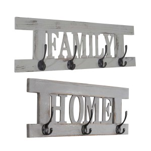 2-tlg. Wandgarderobe im Shabby-Look mit Schriftzug "Home" und "Family" und Metallhaken.