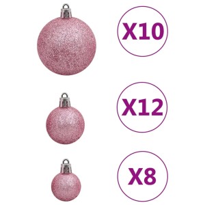 vidaXL Weihnachtskugel-Set, 111-teilig, rosa, mit Kugeln, Sternen, Schneeflocken und Baumspitze.