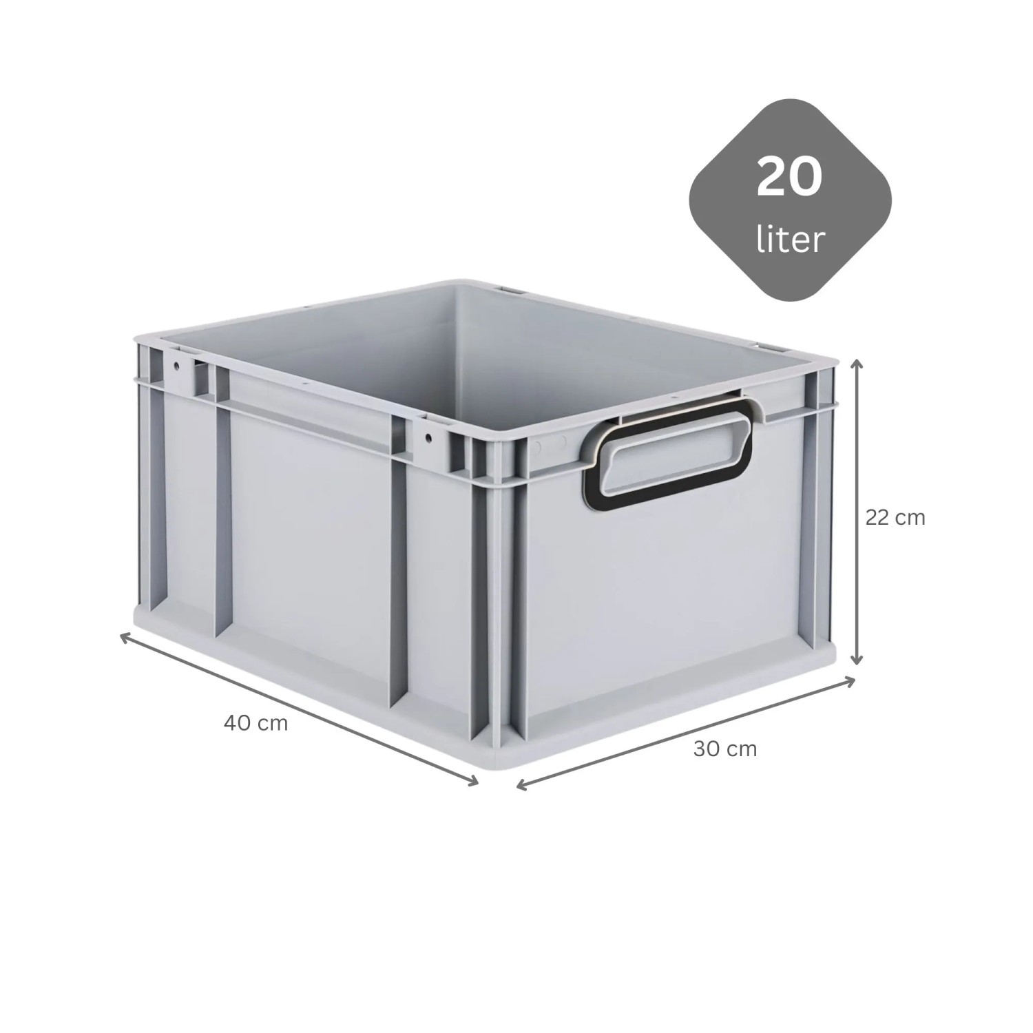 Graue PROREGAL Eurobox Nextgen, 20 Liter, mit schwarzem Griff und Auflagedeckel. Aufbewahrungsbox.