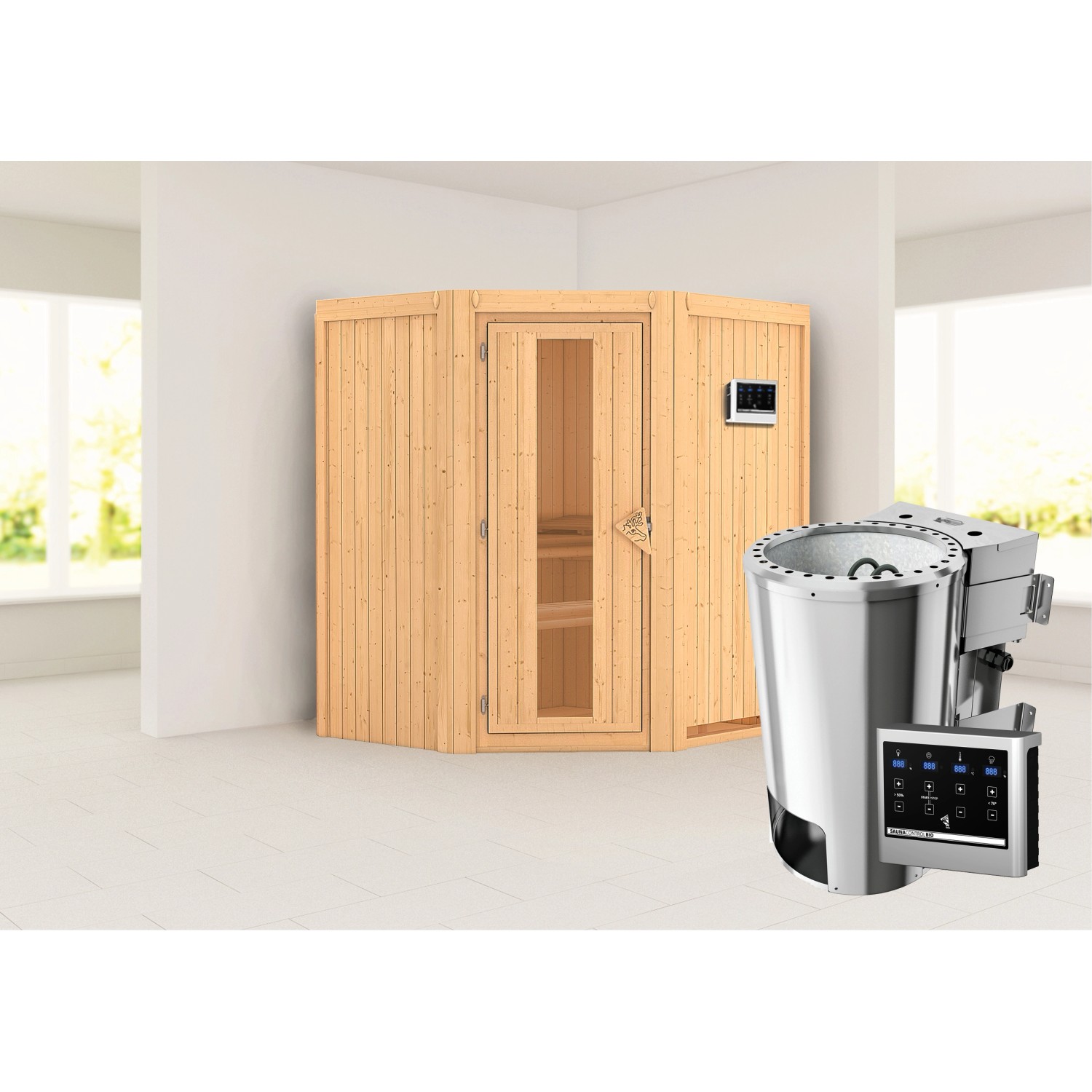 Karibu Sauna Thora mit Bio-Ofen externe Stg.Easy Natur