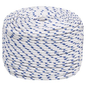 Weißes Bootsseil, 8 mm x 50 m, aus Polypropylen, aufgerollt.