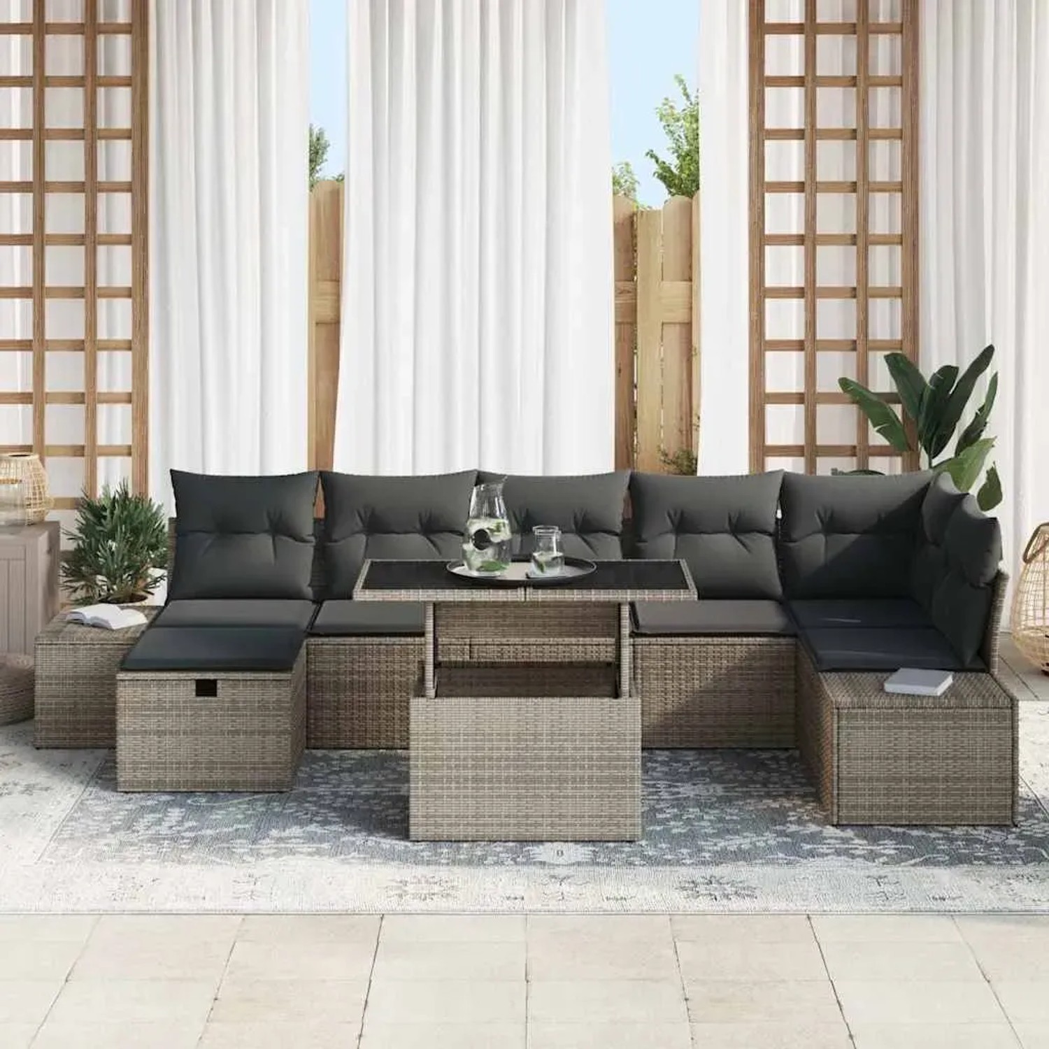 Graues 8-tlg. vidaXL Garten-Sofa-Set aus Poly Rattan mit Kissen und Stauraum.
