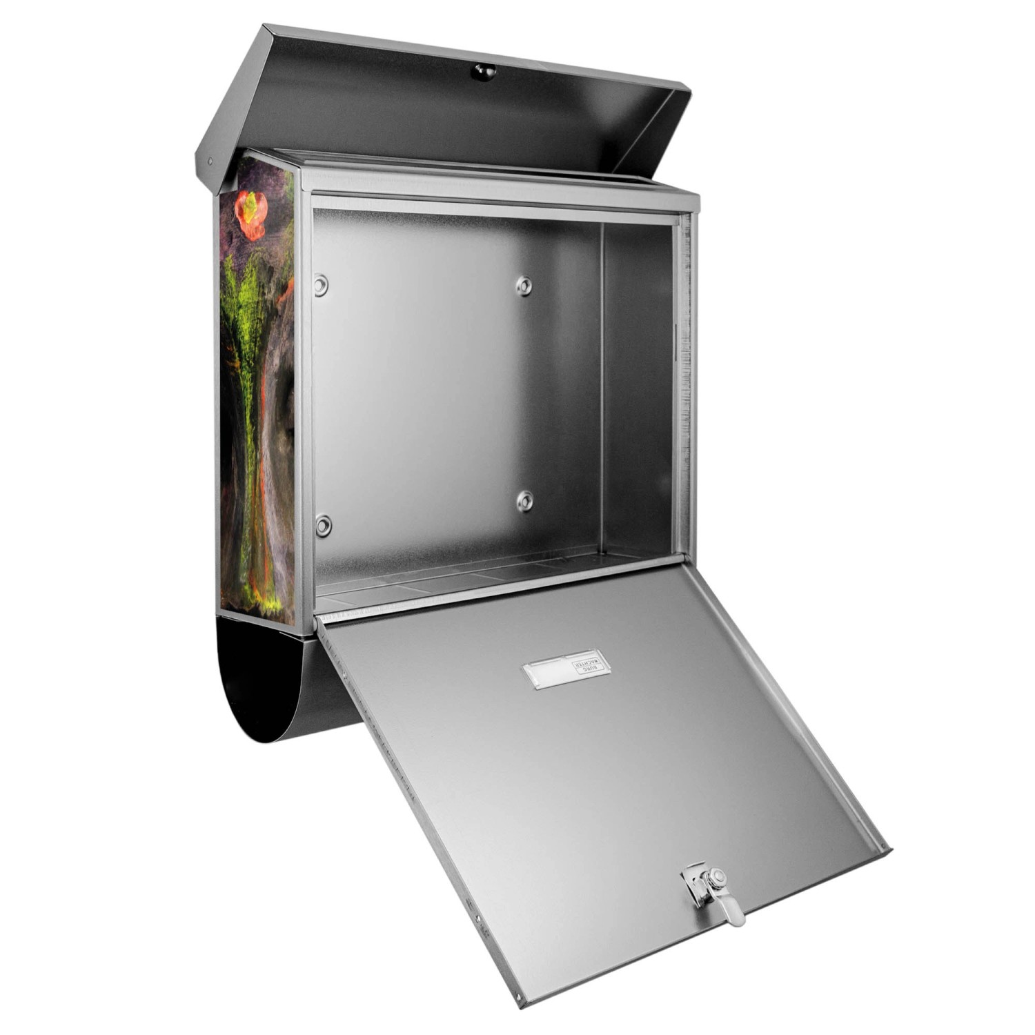 Offener Banjado Edelstahl Briefkasten mit Zeitungsfach und buntem Buddha Motiv.